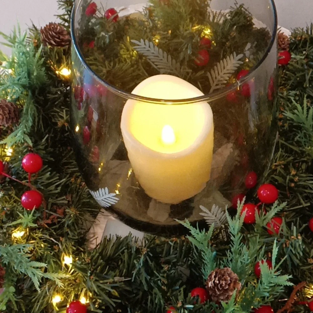 Festive Holiday Candle Centerpiece with Greenery and Red Accents